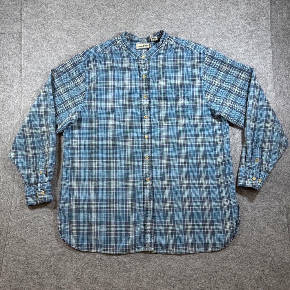 Vintage 90s L.L.Bean Flannel Shirt Womens XL Blue Plaid Linen Cotton Band Collar